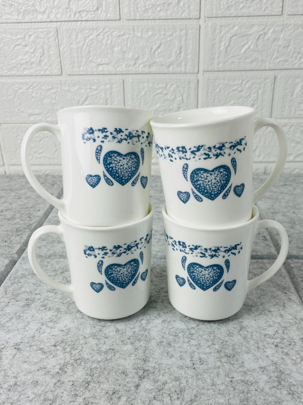 Vintage Corning USA Blue Heart Milk Glass Coffee Mugs Set of 4